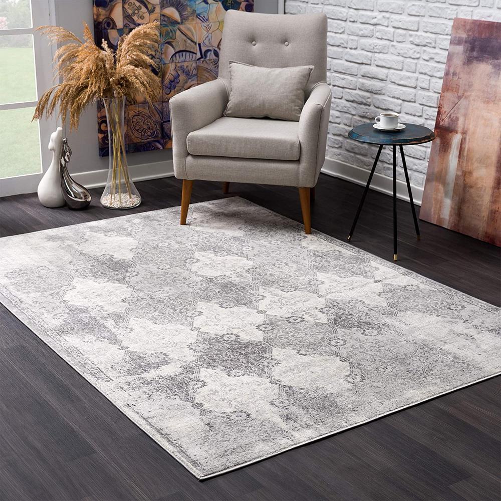 2’ x 10’ Gray Distressed Trellis Pattern Runner Rug Grey. Picture 1