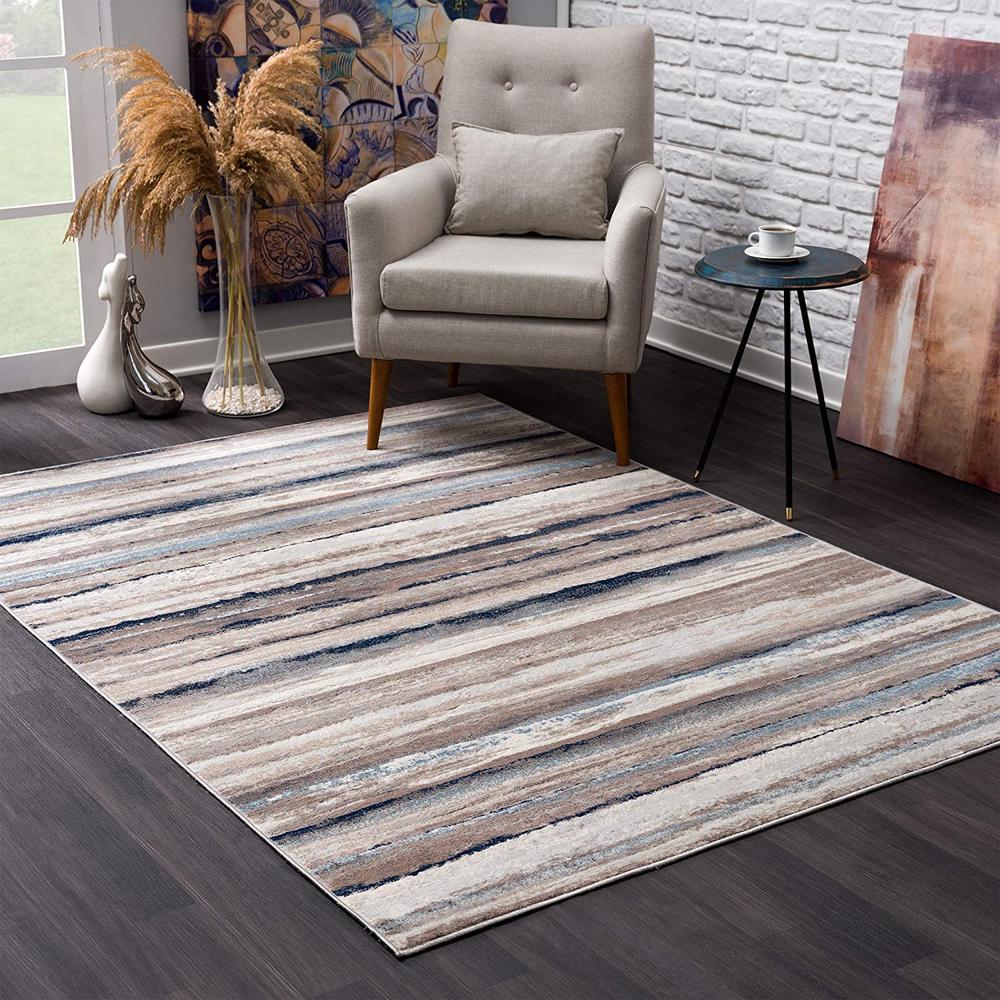 2’ x 10’ Blue and Beige Distressed Stripes Runner Rug Blue. Picture 1