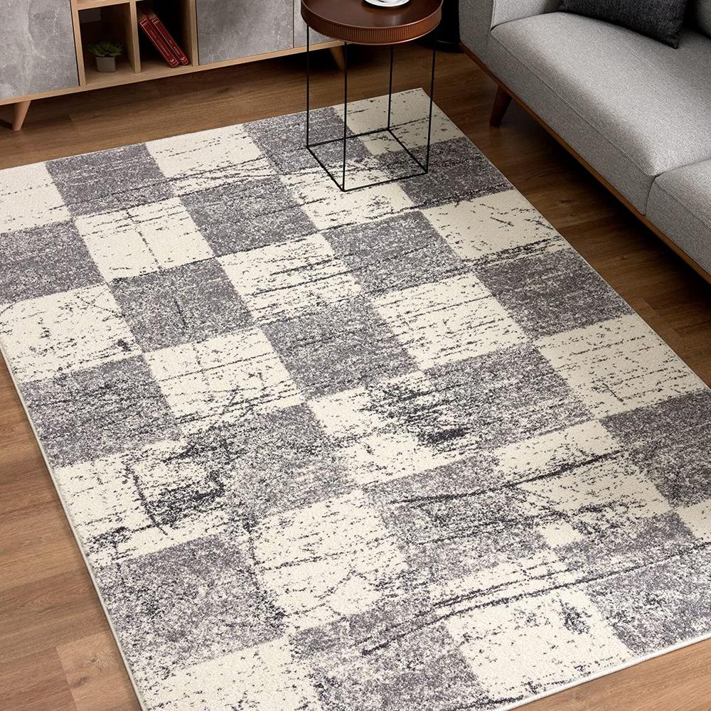 4’ x 6’ White and Gray Checkered Area Rug White. Picture 1