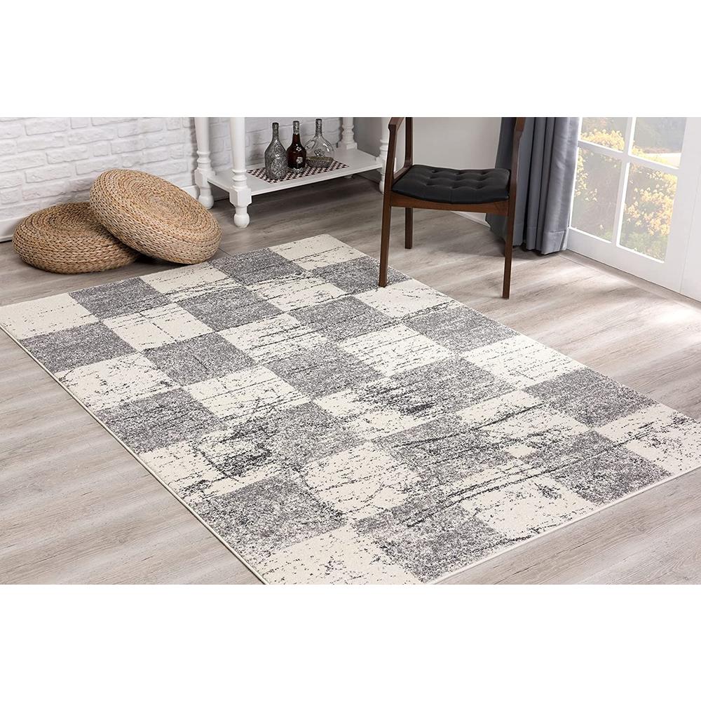 4’ x 6’ White and Gray Checkered Area Rug White. Picture 3