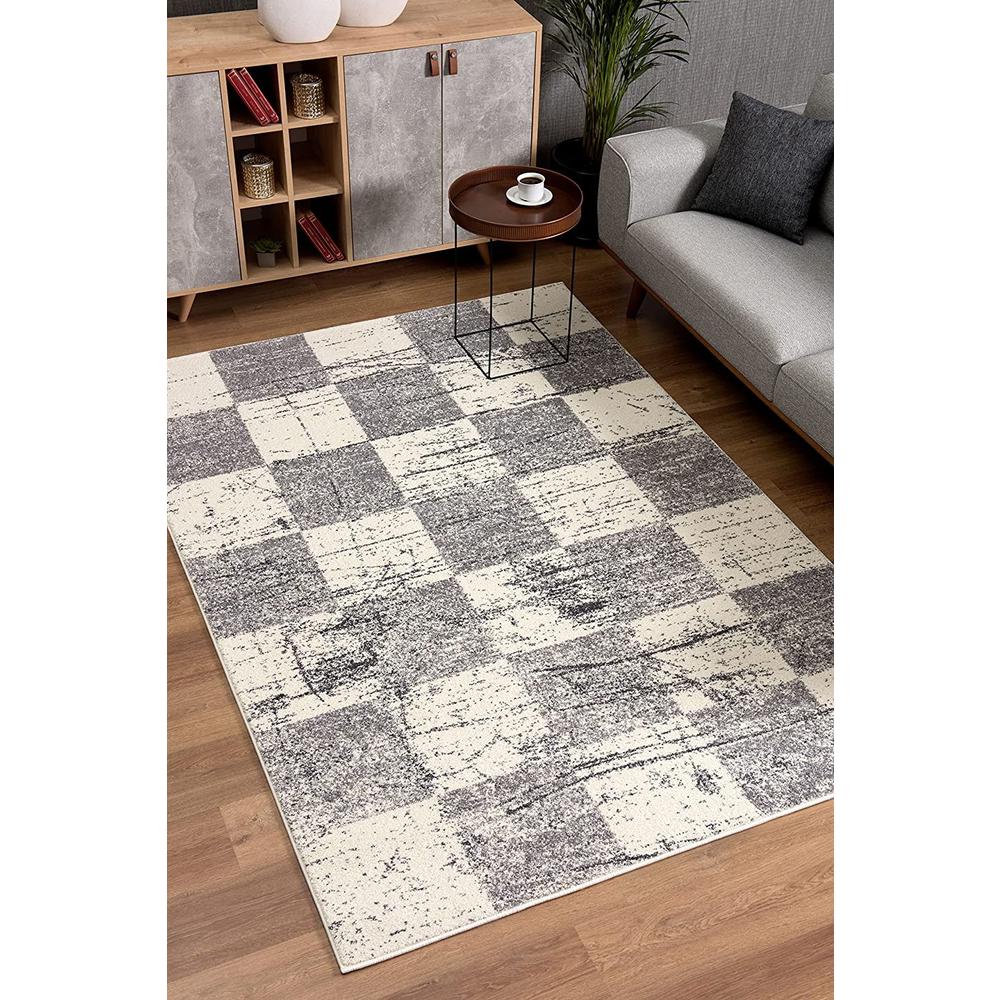 4’ x 6’ White and Gray Checkered Area Rug White. Picture 4
