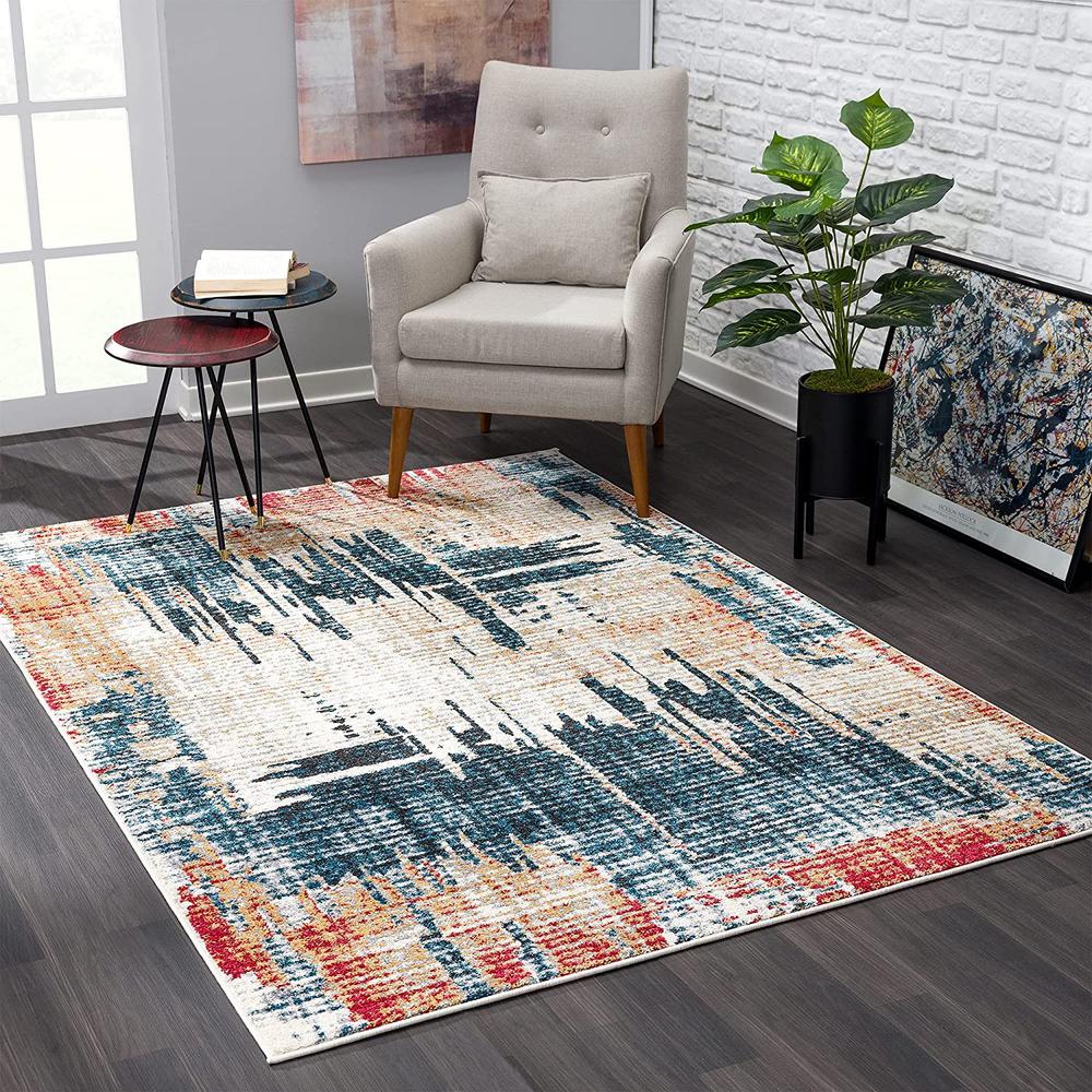 4’ x 6’ Blue and Red Mod Distressed Area Rug Multi. Picture 1