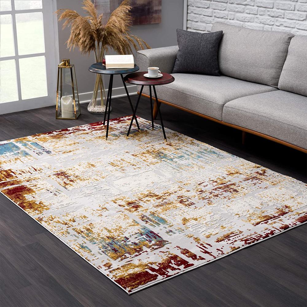 2’ x 10’ Abstract Beige and Gold Modern Runner Rug Multi. Picture 1