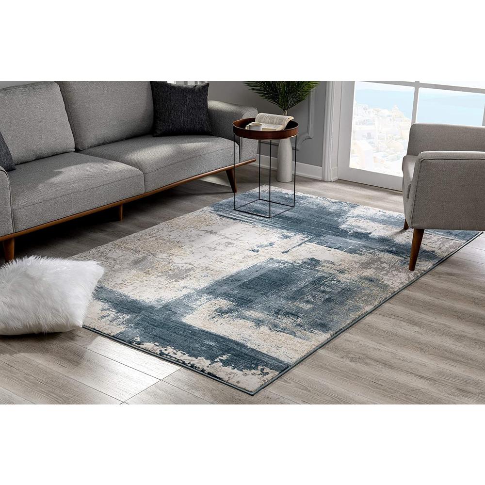 2’ x 8’ Cream and Blue Abstract Patches Runner Rug Cream Blue. Picture 3