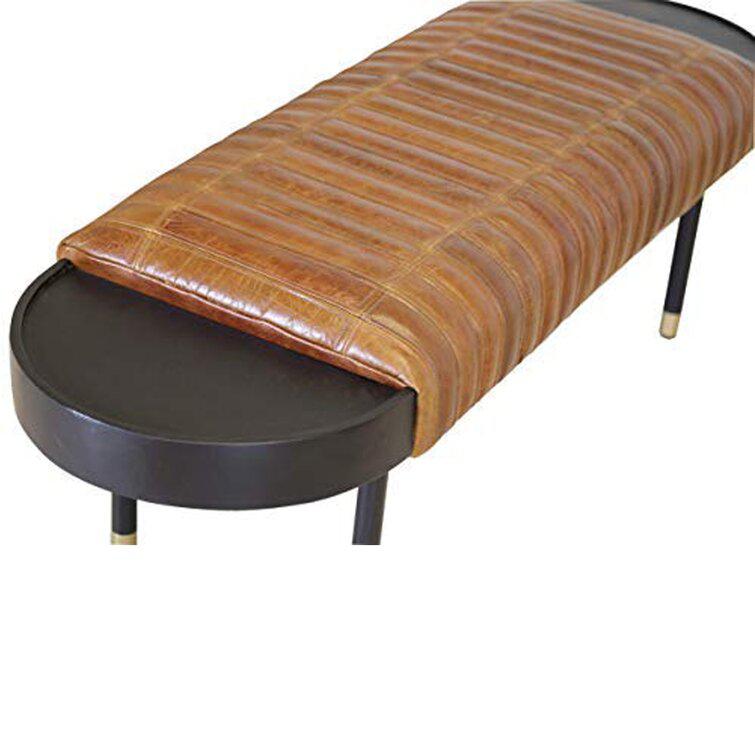Warm Brown Leather and Solid Wood Bench Warm Brown Base with Heritage Bark Brown leather. Picture 2