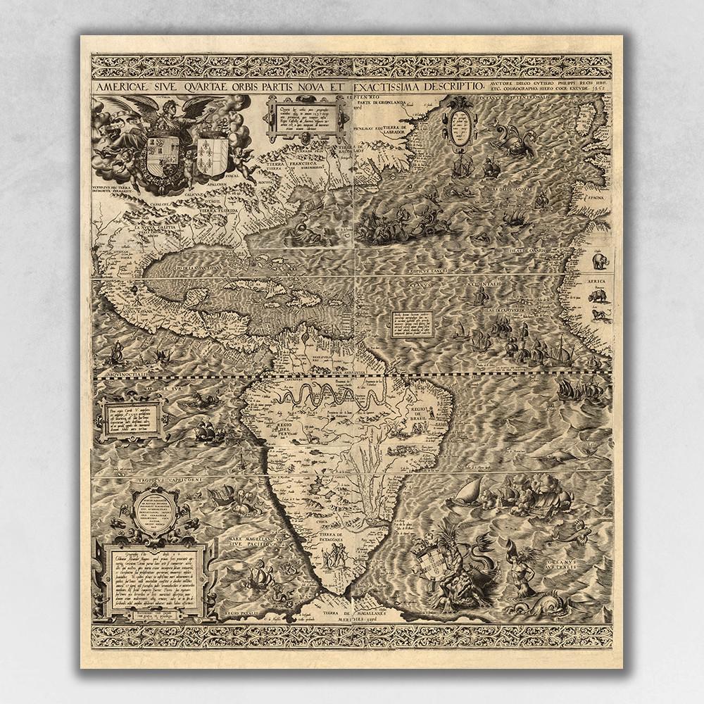 24" x 28" Vintage 1562 Map of Early Americas Wall Art Multi. Picture 1