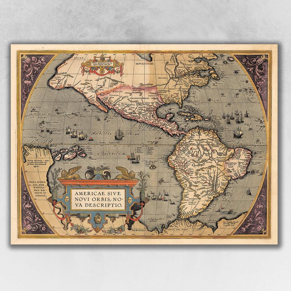 24" x 32" Vintage 1598 Map of the Americas Wall Art Multi. Picture 1