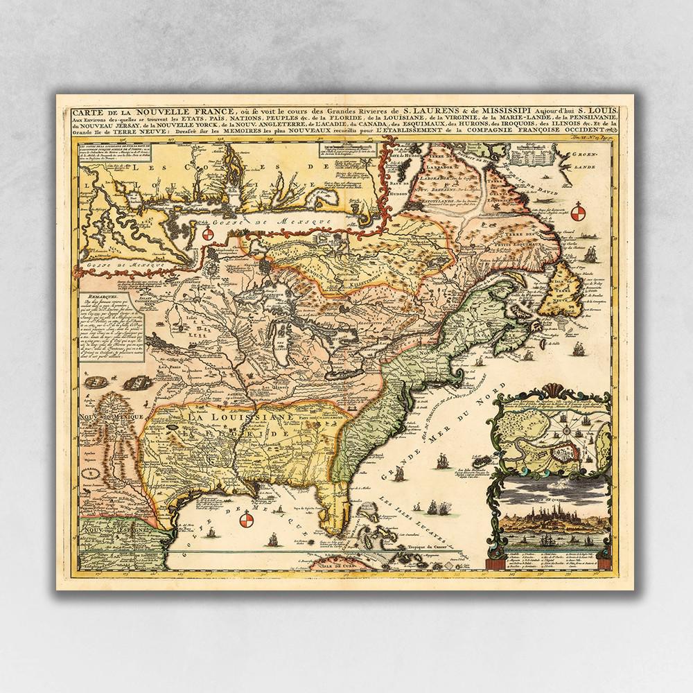 24" x 28" Vintage 1718 Map of New France Multi. Picture 1
