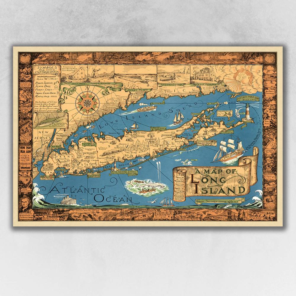24" x 36" Vintage 1933 Map of Long Island Wall Art Multi. Picture 1