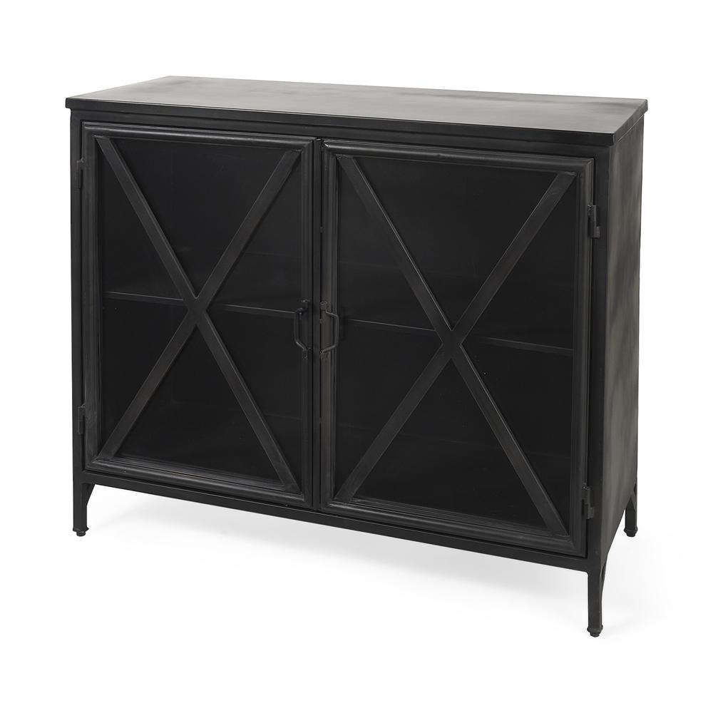 Rustic Black Metal Cabinet with Glass Doors Black. Picture 1