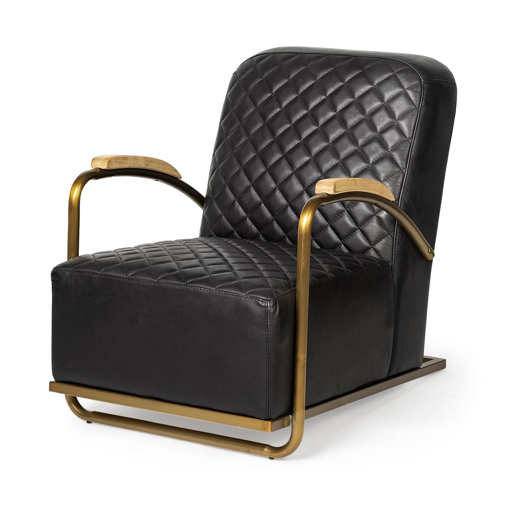 Black Leather Diamond Pattern Gold Club Chair Gold. Picture 1