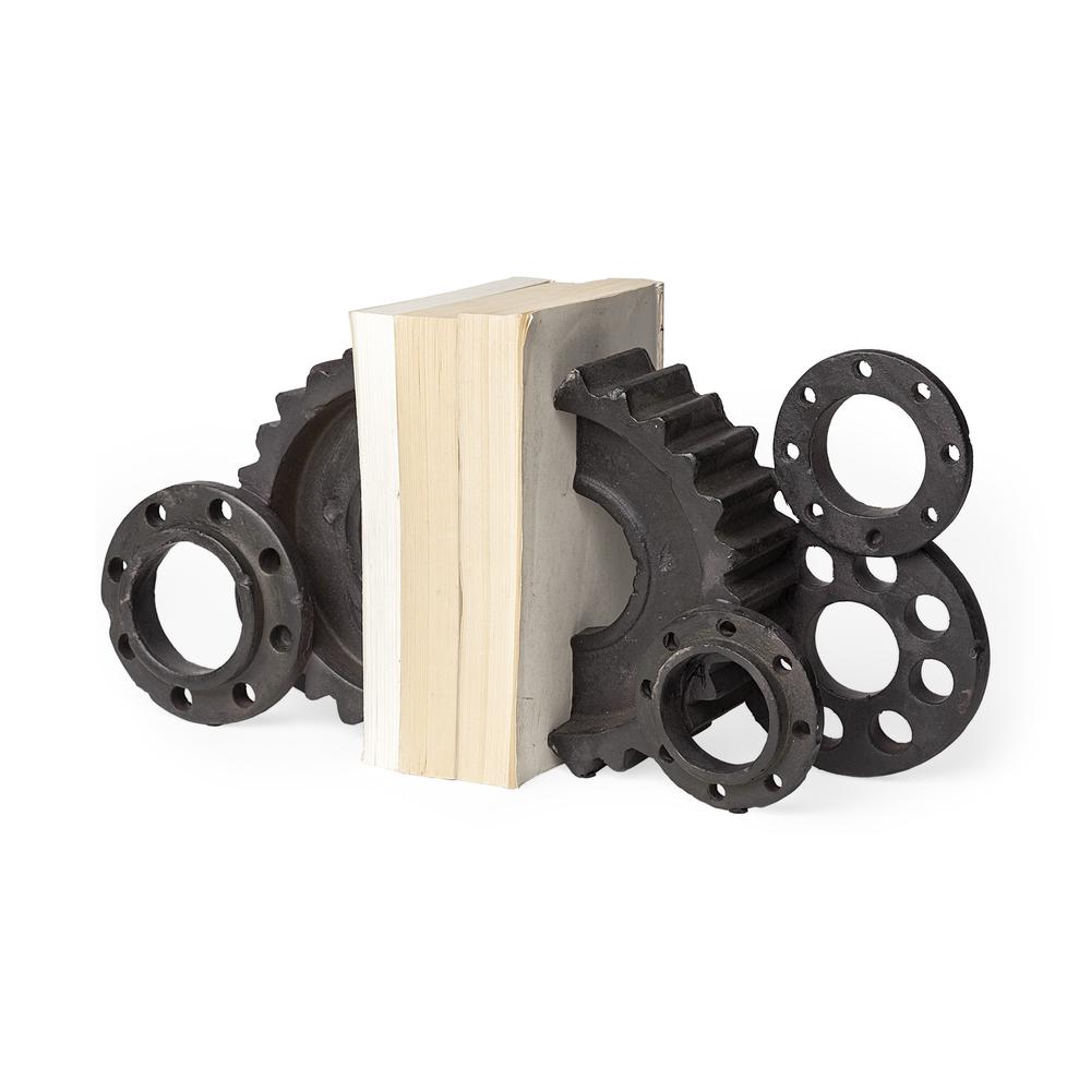 Matte Black Industrial Cogs Bookends Brown. Picture 1