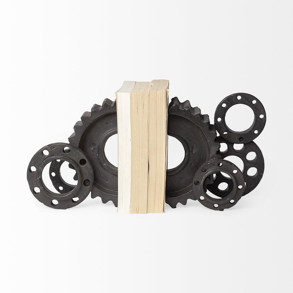Matte Black Industrial Cogs Bookends Brown. Picture 2