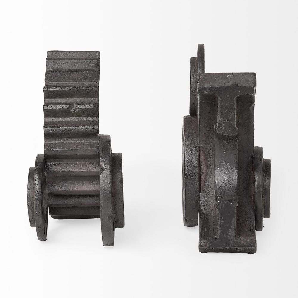 Matte Black Industrial Cogs Bookends Brown. Picture 3