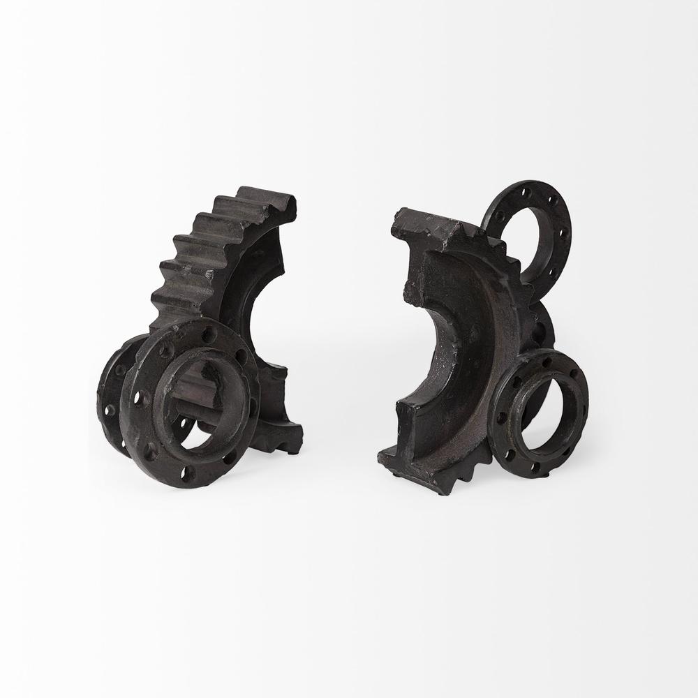 Matte Black Industrial Cogs Bookends Brown. Picture 4