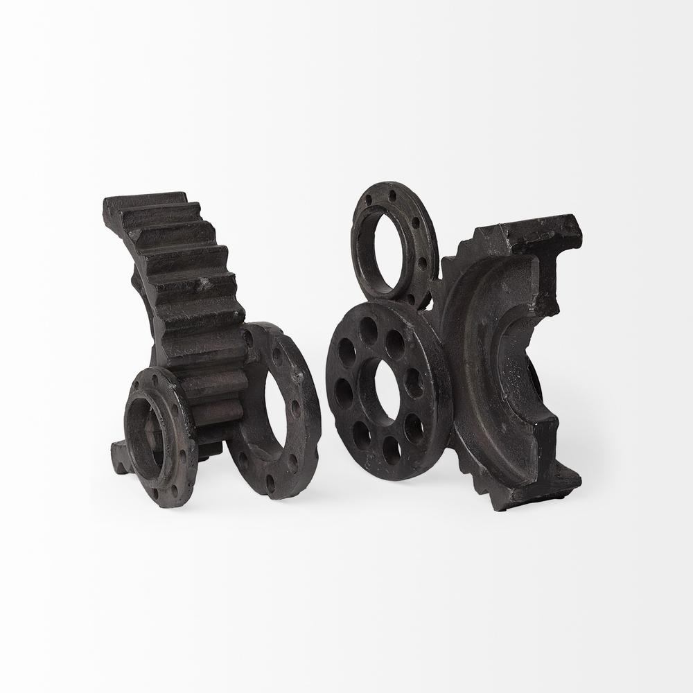 Matte Black Industrial Cogs Bookends Brown. Picture 5