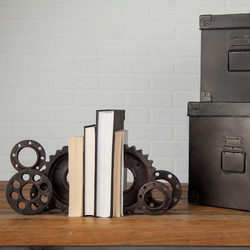 Matte Black Industrial Cogs Bookends Brown. Picture 9