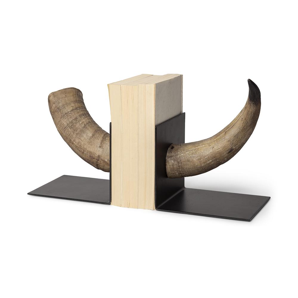 Bull Horn Replica Bookends Brown/Black. Picture 1