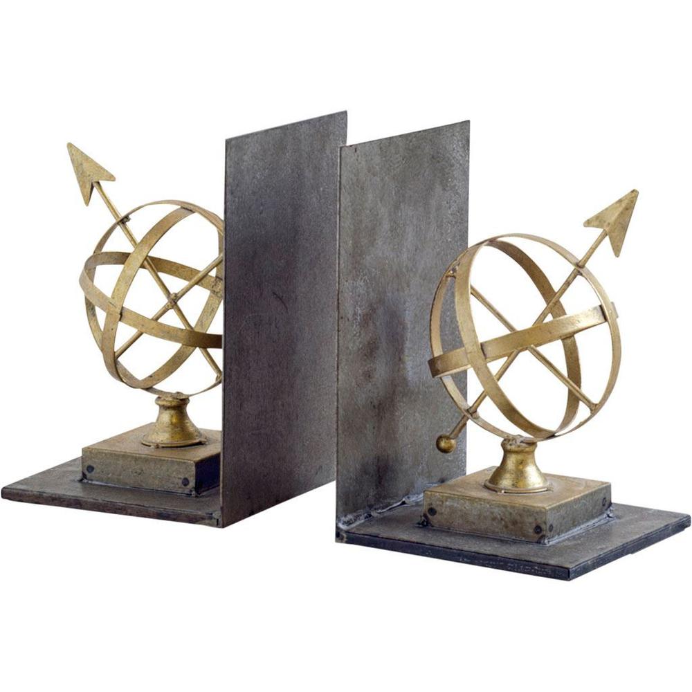 Gold Tone Metal Sphere Compass Bookends Gold. Picture 1