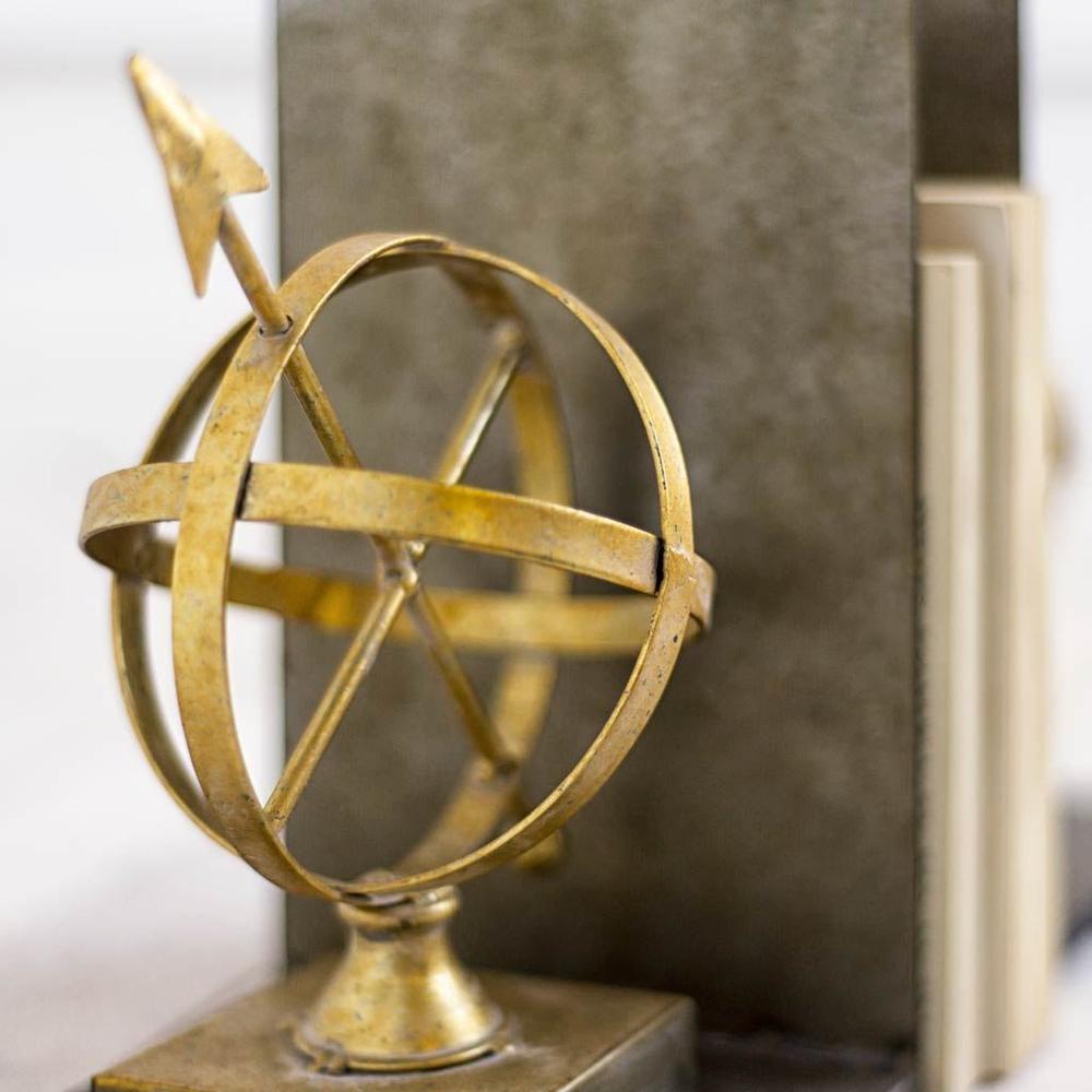 Gold Tone Metal Sphere Compass Bookends Gold. Picture 2