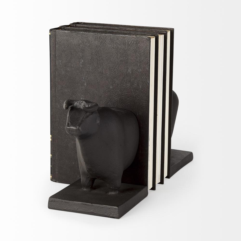 Black Cast Aluminum Bull Bookends Black. Picture 4