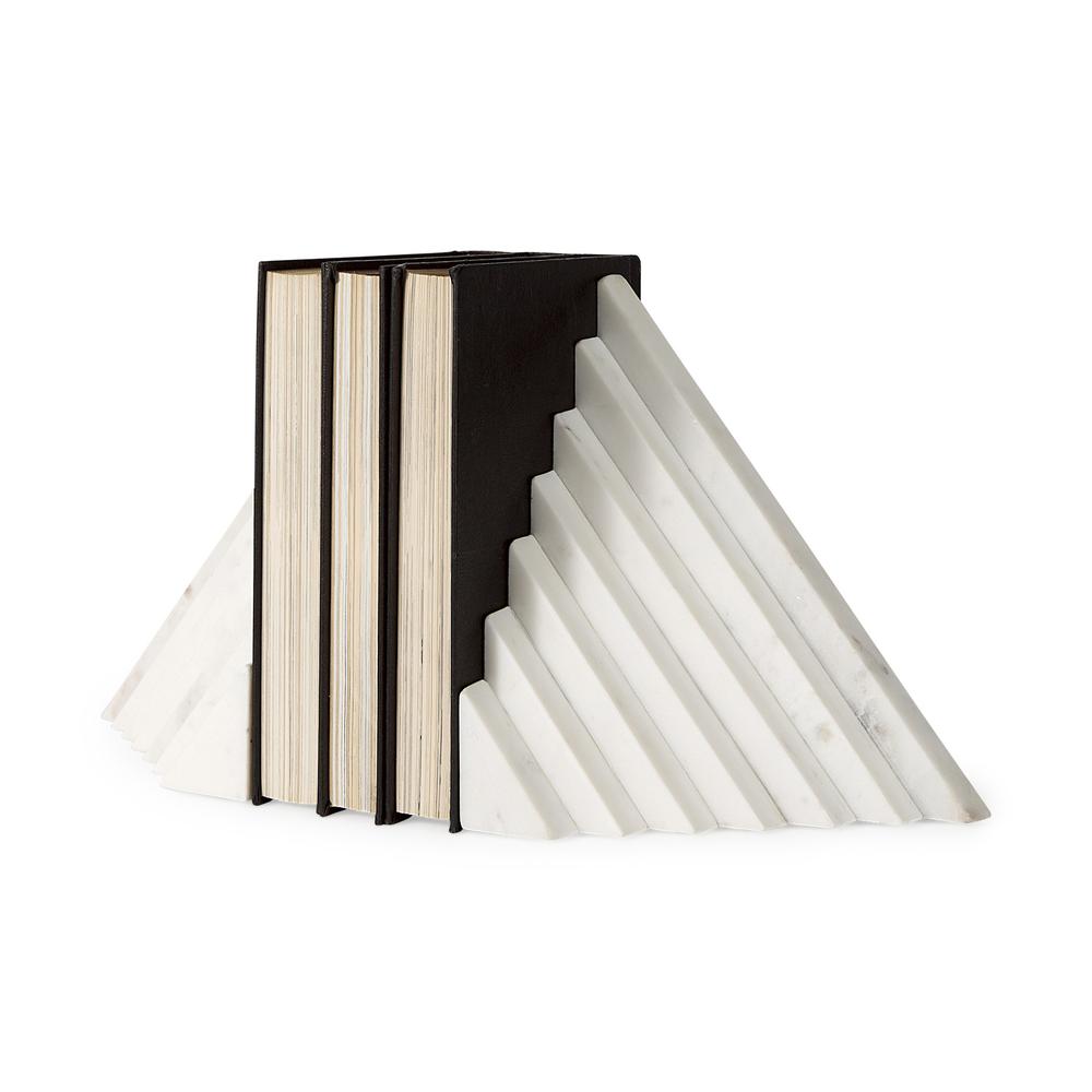 3D Modern Stepped Triangle Marble Bookends White. Picture 1