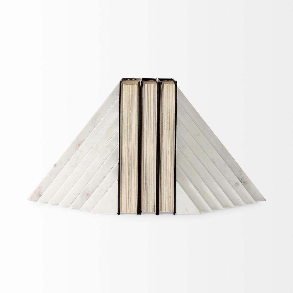 3D Modern Stepped Triangle Marble Bookends White. Picture 2