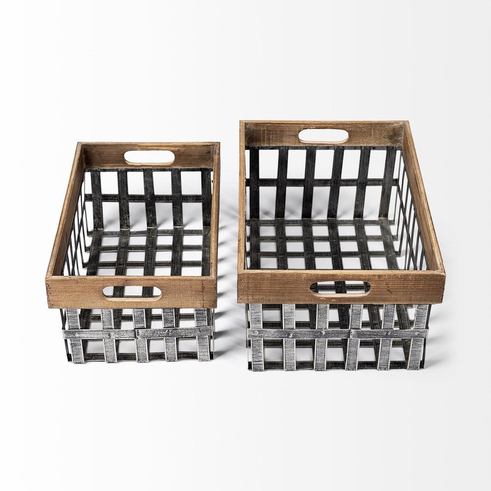 Set of Two Wood and Metal Crate Baskets. Picture 3