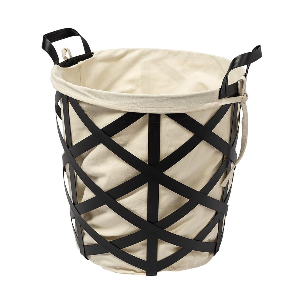Black Woven Metal Basket with Cream Fabric Liner. Picture 1