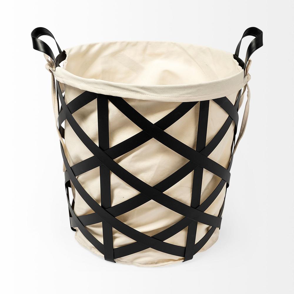 Black Woven Metal Basket with Cream Fabric Liner. Picture 2
