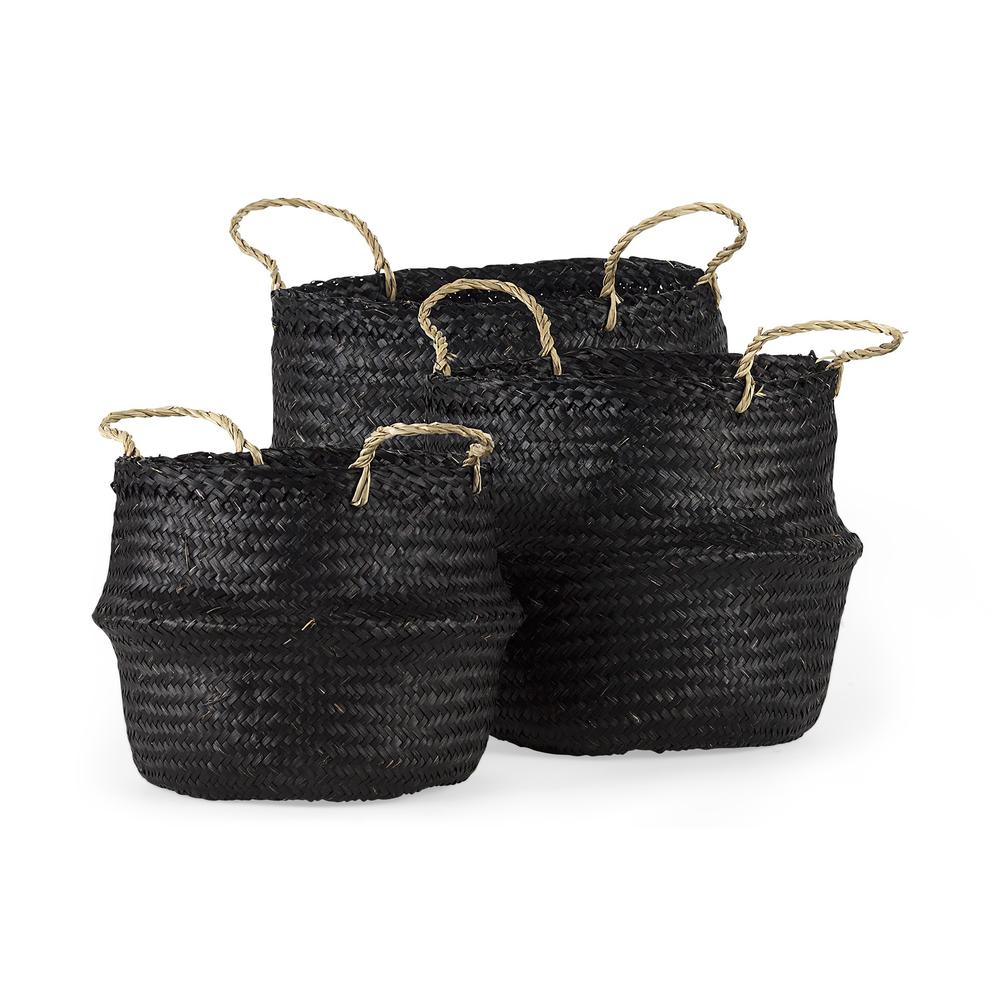 Set of Three Black Wicker Storage Baskets. Picture 1