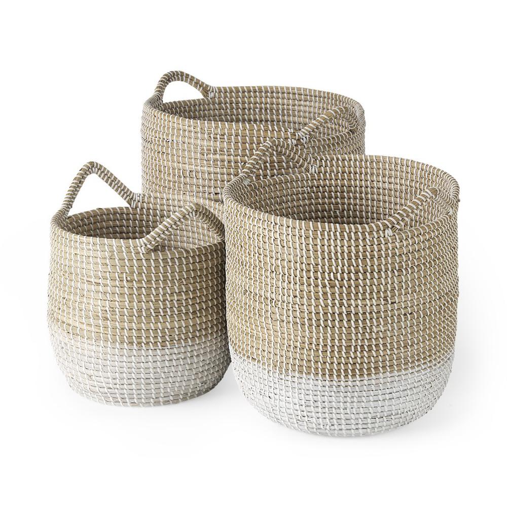 Set of Three Beige and White Storage Baskets. Picture 1