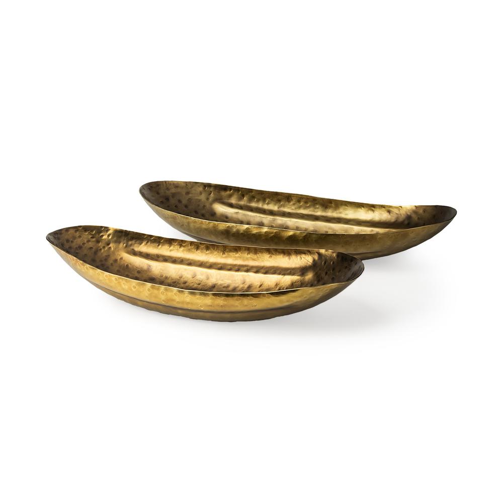 Set of Two Gold Boat Shaped Hammered Bowls Gold. Picture 1