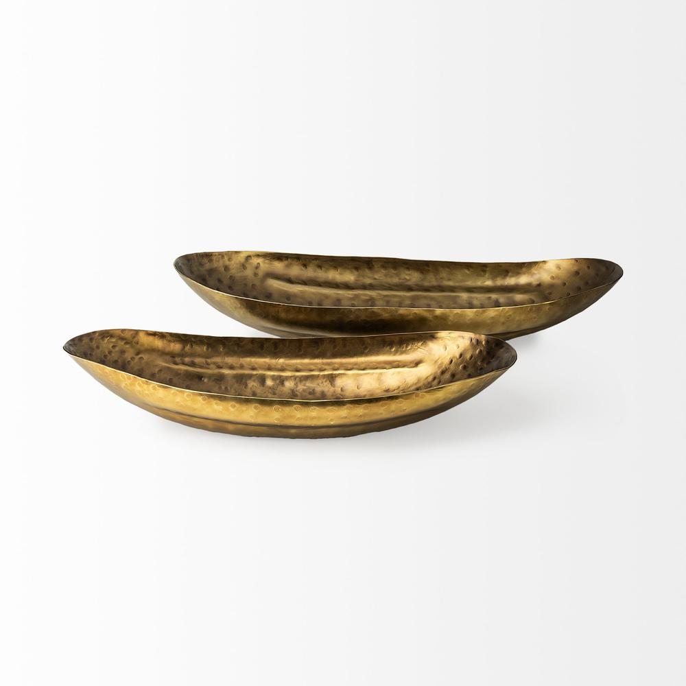 Set of Two Gold Boat Shaped Hammered Bowls Gold. Picture 2
