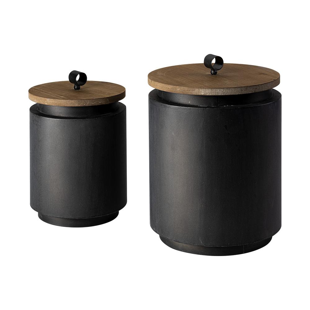 Set of Two Gray Metal Cannisters with Wooden Lids Gunmetal Grey. Picture 1