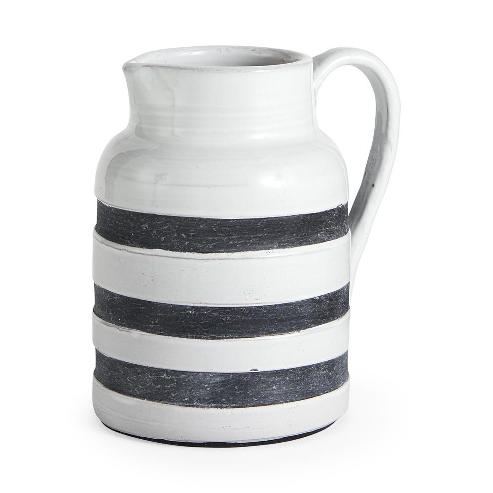 9" Rustic White and Blue Stripe Ceramic Jug White/Blue. Picture 1