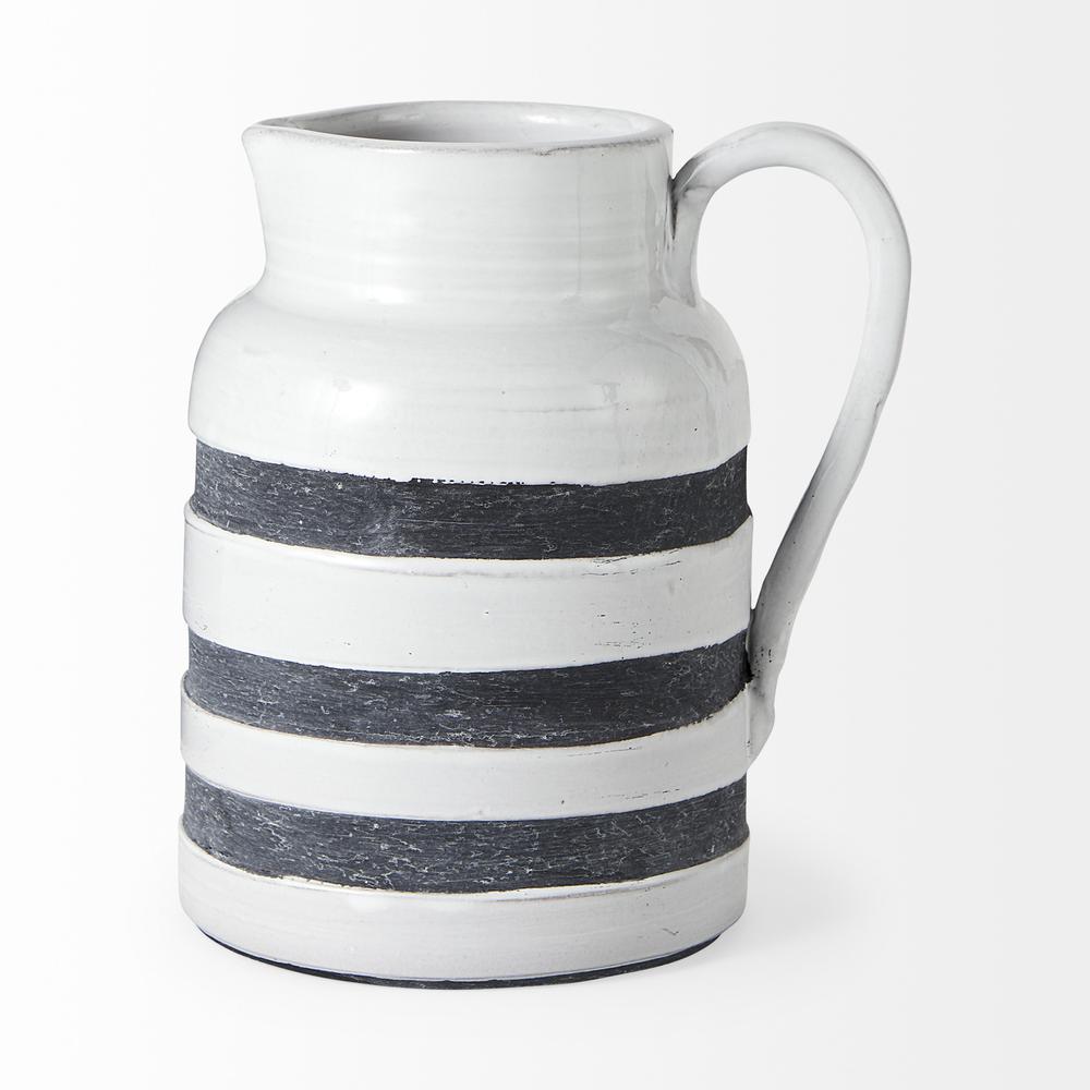 9" Rustic White and Blue Stripe Ceramic Jug White/Blue. Picture 3