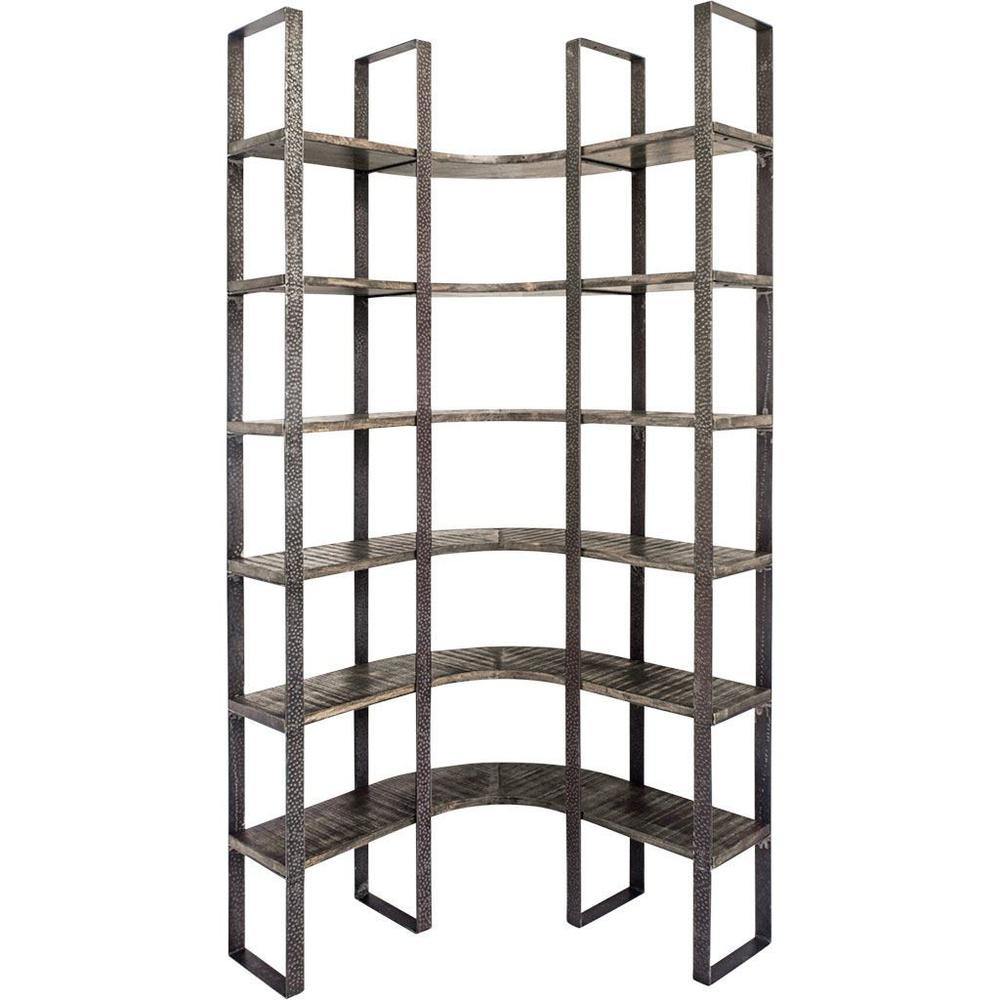 Black Iron Framed Curved Wooden Shelving Unit Brown. Picture 1