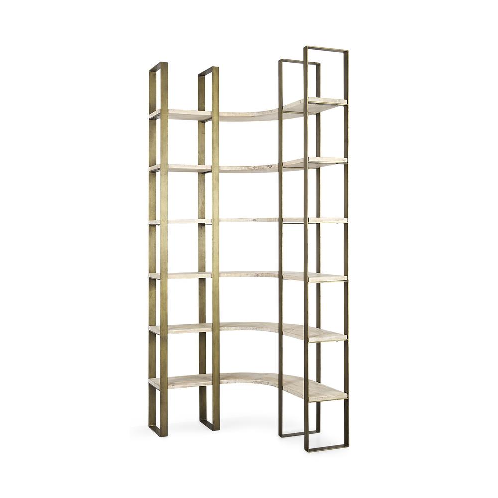 Gold Iron Framed Curved Wooden Shelving Unit White. Picture 1