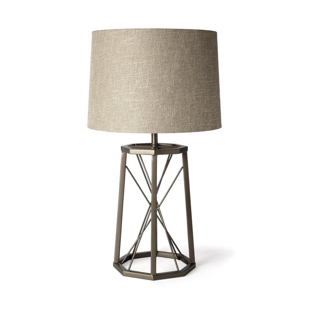Metallic Aged Bronze Tone Octagonal Metal Table Lamp Bronze/Beige. Picture 1