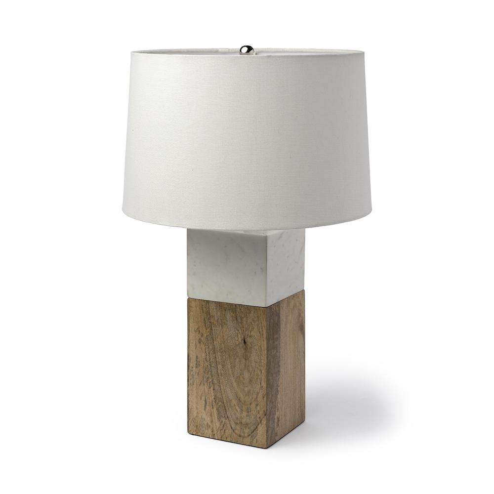 White Marble and Natural Wood Block Table or Desk Lamp White. Picture 1
