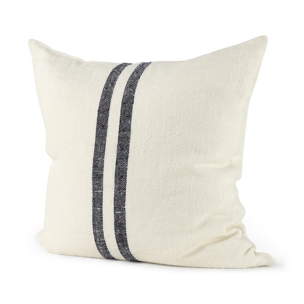 22" Beige and Central Blue Stripes Square Accent Pillow Cover Beige/Blue. Picture 1