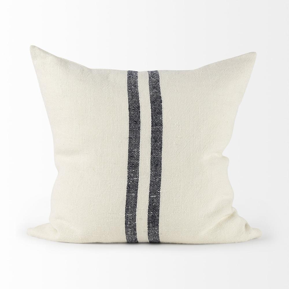 22" Beige and Central Blue Stripes Square Accent Pillow Cover Beige/Blue. Picture 2
