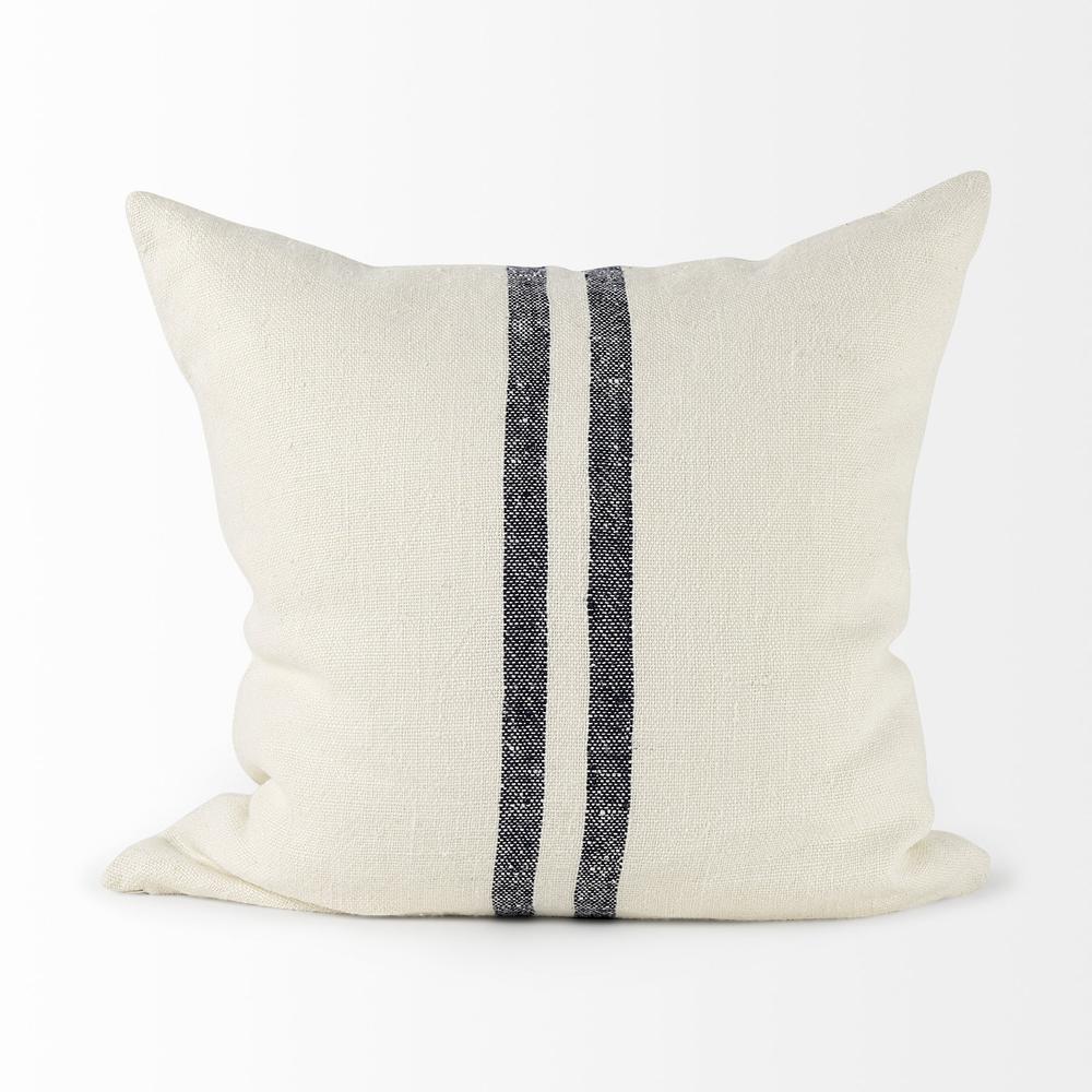 22" Beige and Central Blue Stripes Square Accent Pillow Cover Beige/Blue. Picture 4