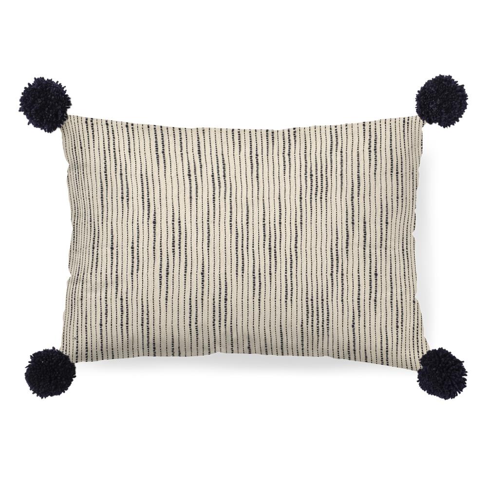 Beige and Midnight Pom Pom Lumbar Accent Pillow Cover Cream/Blue. Picture 1