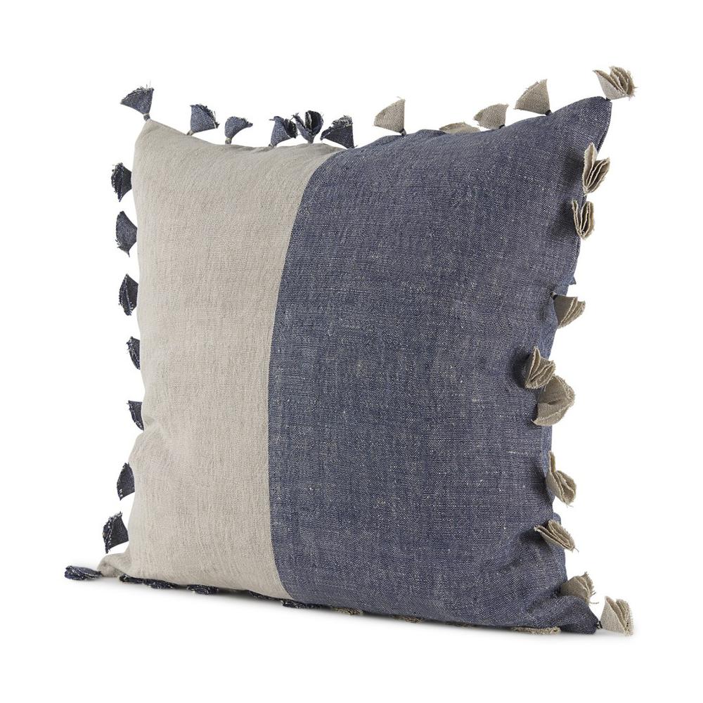 Denim Blue and Canvas Tassle Square Accent Pillow Cover Blue/Beige. Picture 1