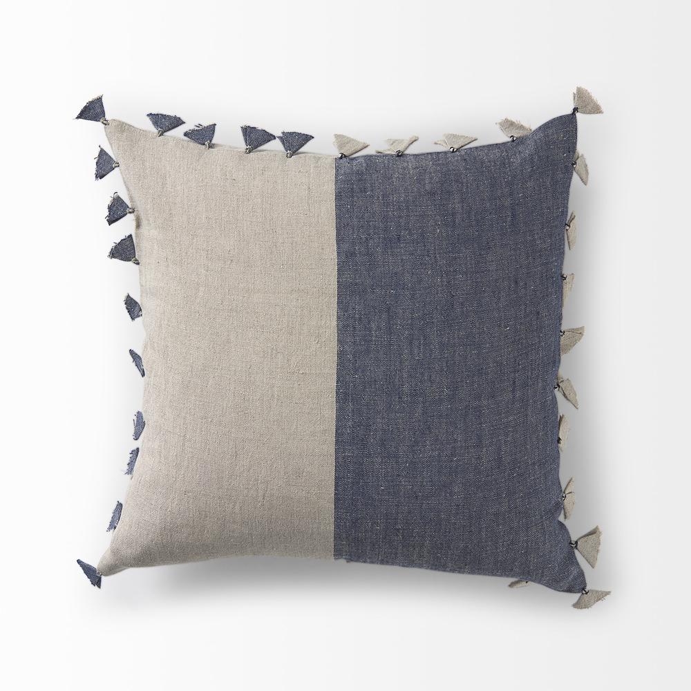 Denim Blue and Canvas Tassle Square Accent Pillow Cover Blue/Beige. Picture 5