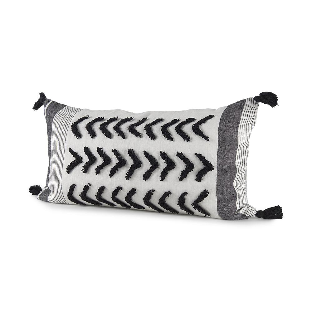 White and Gray Fringed Lumbar Pillow Cover White/Gray/Black. Picture 1