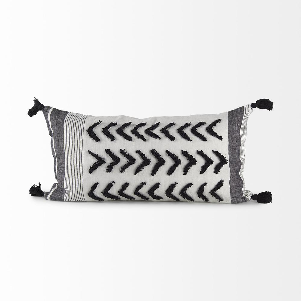 White and Gray Fringed Lumbar Pillow Cover White/Gray/Black. Picture 2
