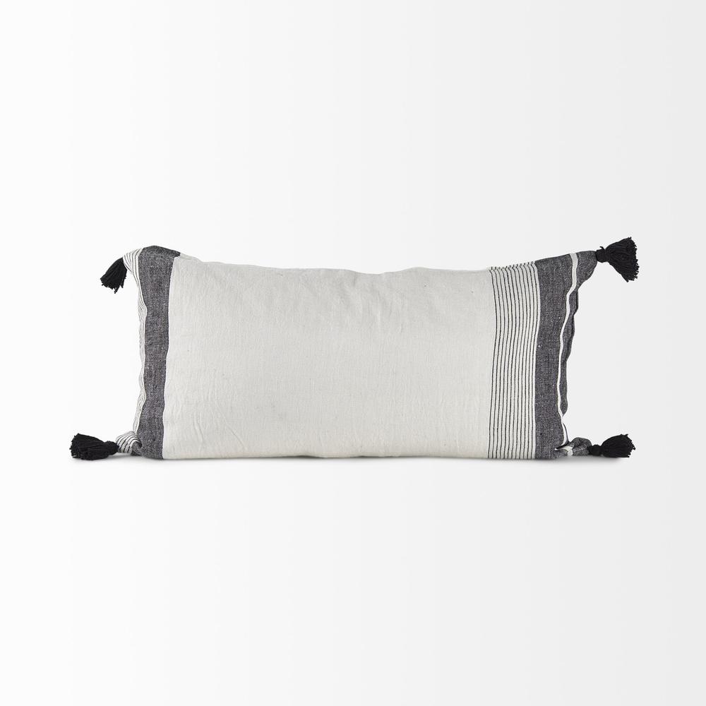 White and Gray Fringed Lumbar Pillow Cover White/Gray/Black. Picture 4